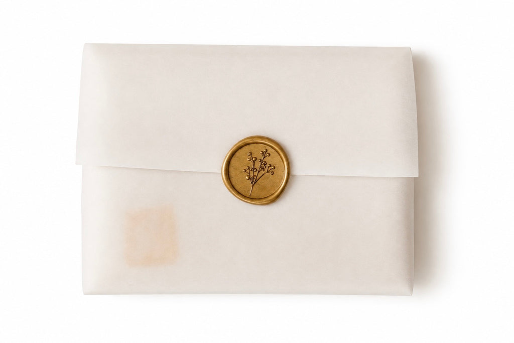 A cream-colored envelope with a gold wax seal featuring a botanical design, set against a plain white background.