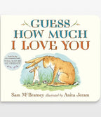 Children's book cover titled 'Guess How Much I Love You' by Sam McBratney, illustrated by Anita Jeram, showing a large brown rabbit comforting a small white rabbit on a cream background, included in our Maternity Gift set.