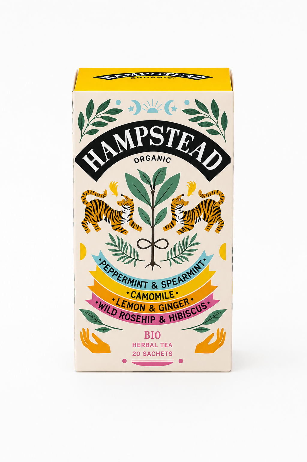 A box of Hampstead Organic herbal tea, Peppermint and Spearmint, Camomile, Lemon & Ginger, and Wild Rosehip & Hibiscus. The packaging features a cream-colored background with a yellow top, black brand lettering, and colorful illustrations of two tigers, green leaves, and ribbon banners. Box is included in our Comfort and Care Packages.
