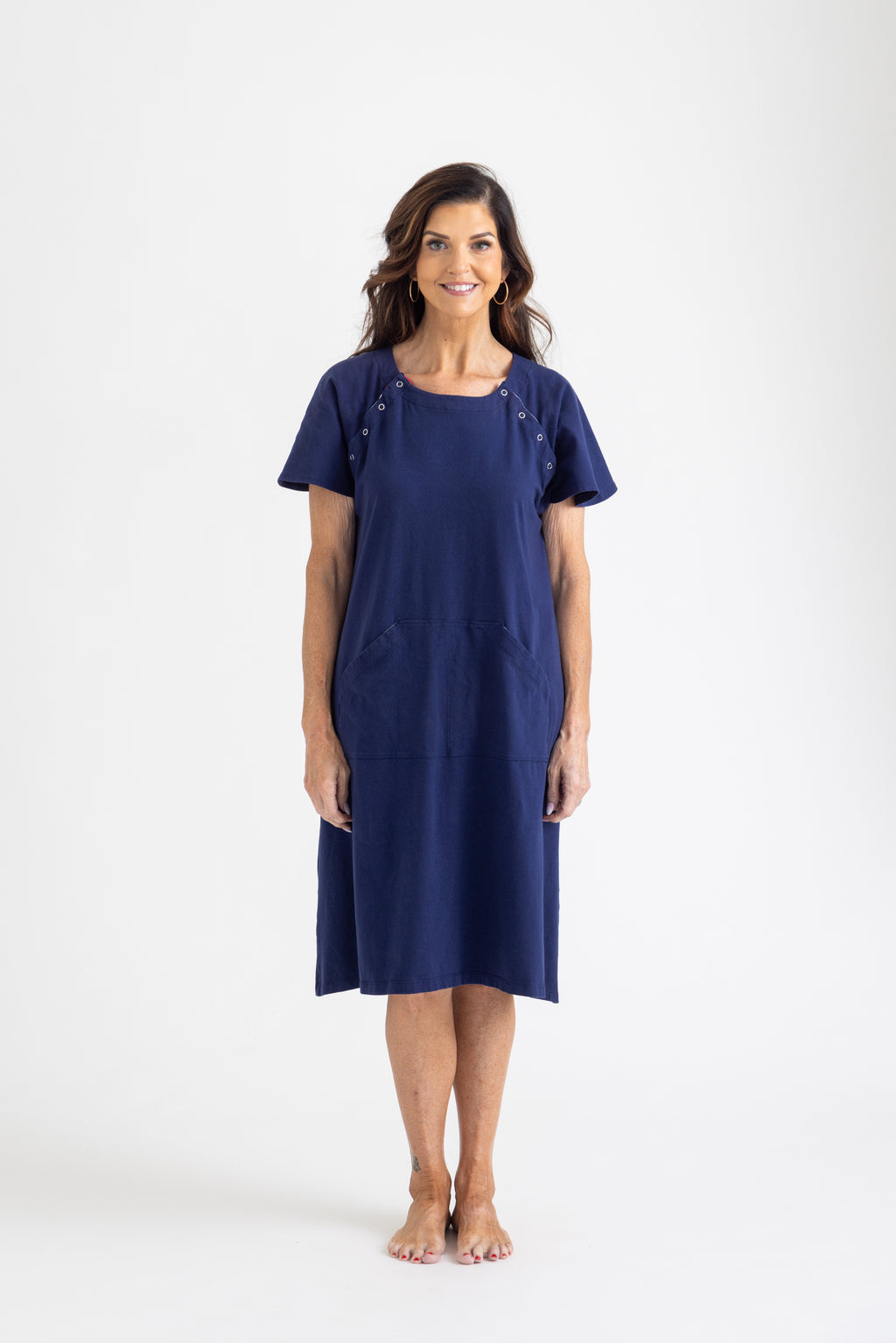 Luxury Women’s Hospital Gown (Navy), Organic Cotton, Front View showing snaps and pockets