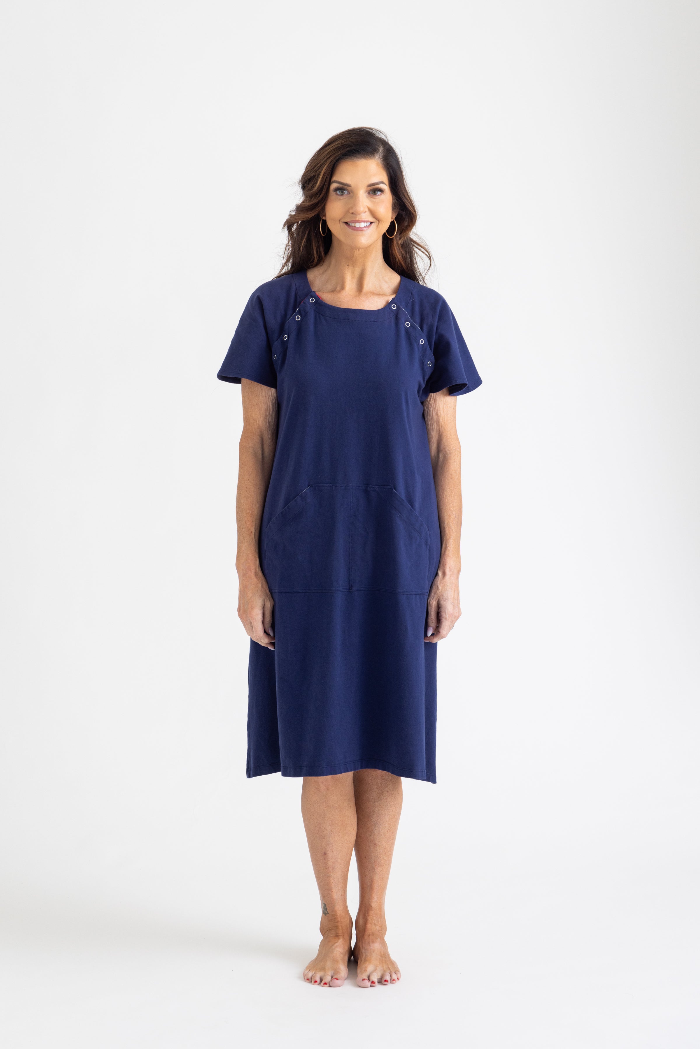 Luxury Women’s Hospital Gown (Navy), Organic Cotton, Front View showing snaps and pockets